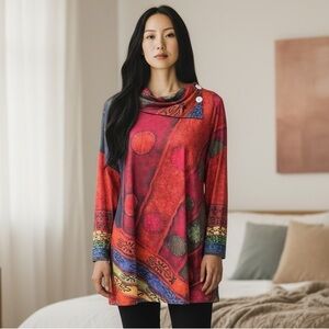 MissLook Abstract Button Collar Tuscan Long Sleeve Pullover
